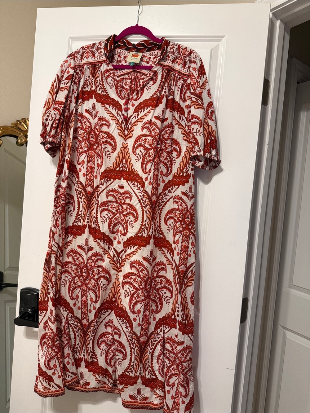 FARM Rio Red and White Paisley-Print Short Sleeve Midi Dress
